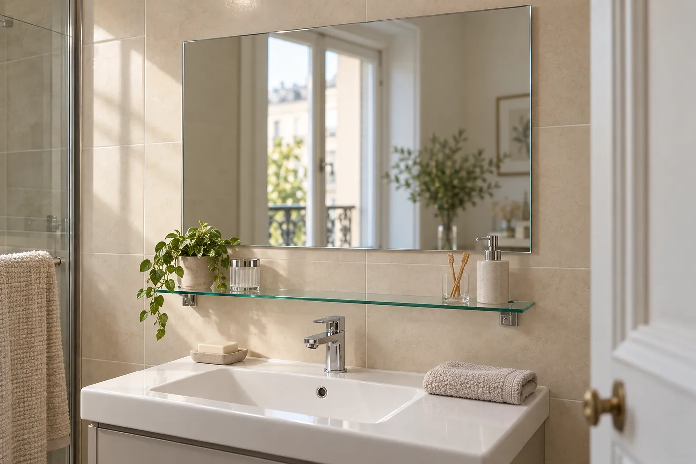 Miroir sur mesure aux chants polis et tablette en verre posés au-dessus d'un lavabo