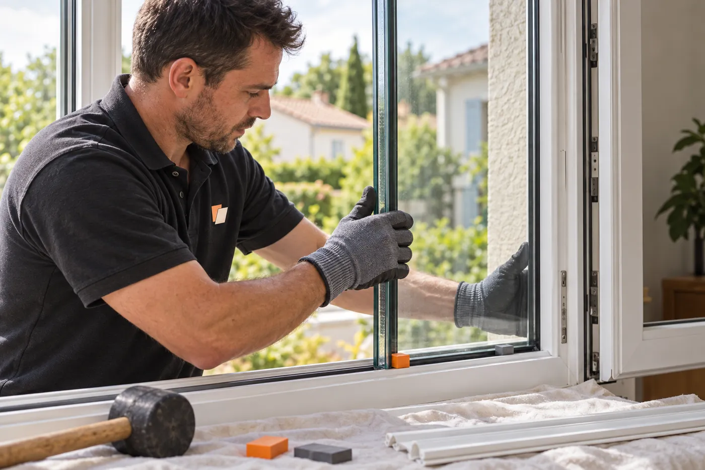 Vitrier posant un double vitrage neuf sur cales dans une fenêtre en PVC