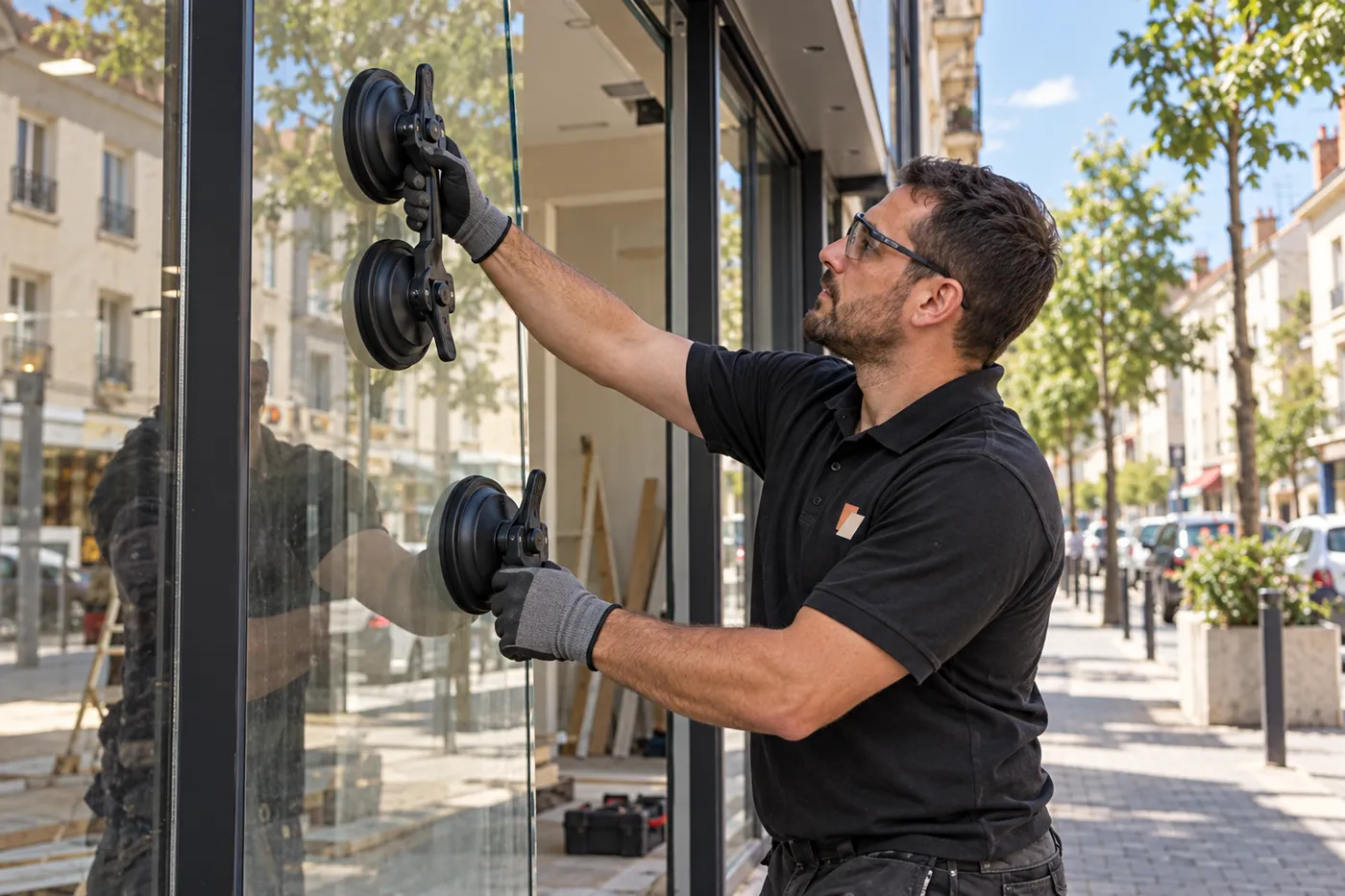 Vitrier mettant en place un panneau de vitrine de commerce à l'aide de ventouses